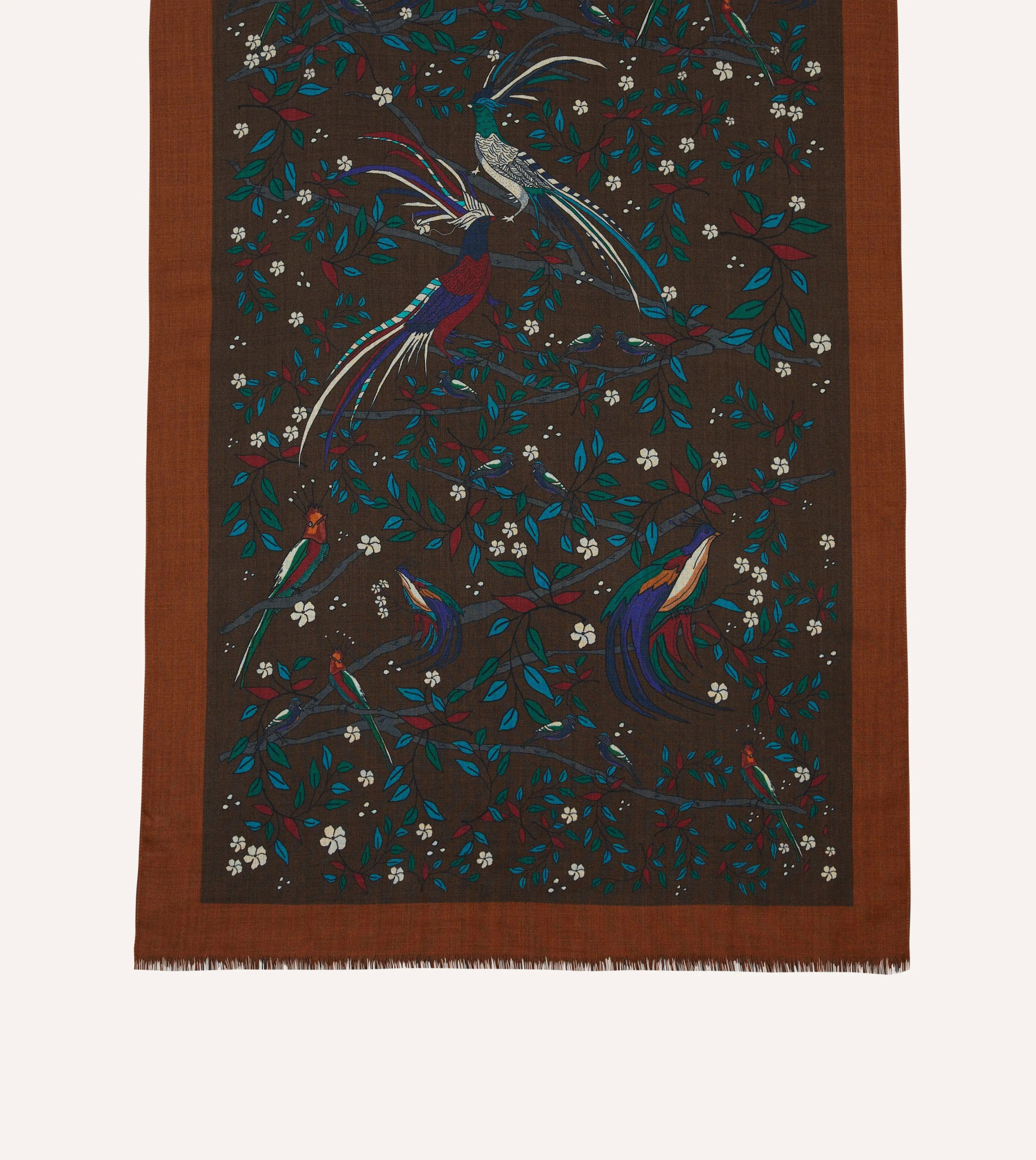 Brown Birds of Paradise Print Wool Scarf