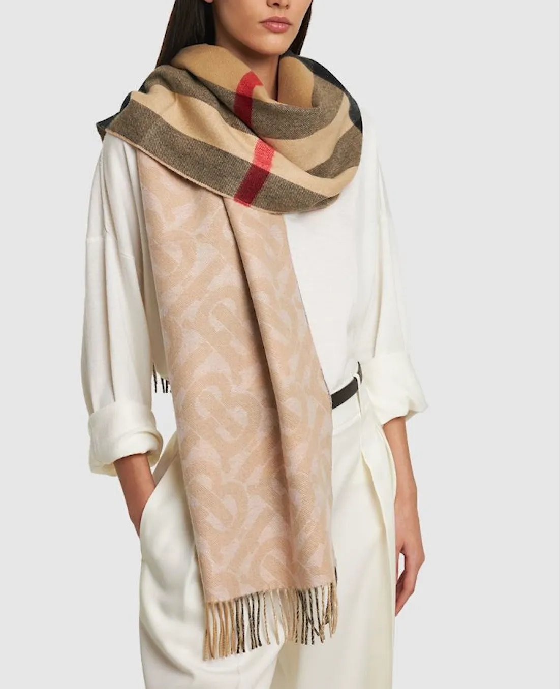 Burberry reversible Check and Monogram Cashmere Shawl, Neutrals