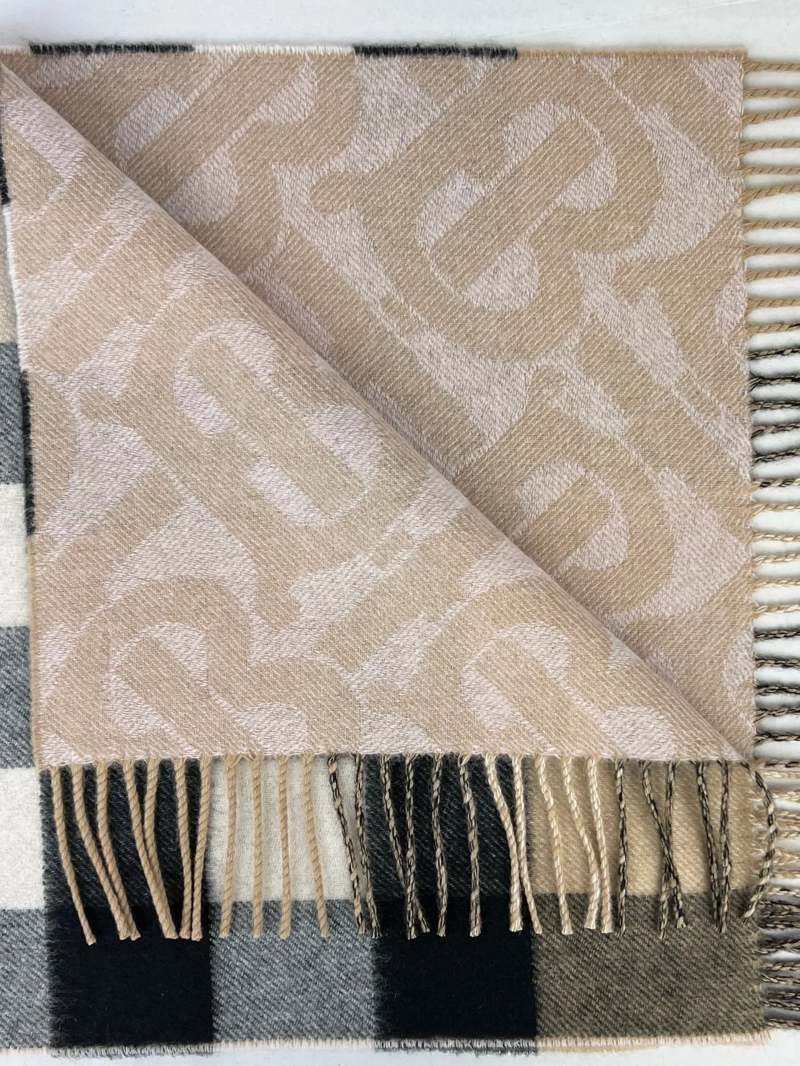 Burberry reversible Check and Monogram Cashmere Shawl, Neutrals