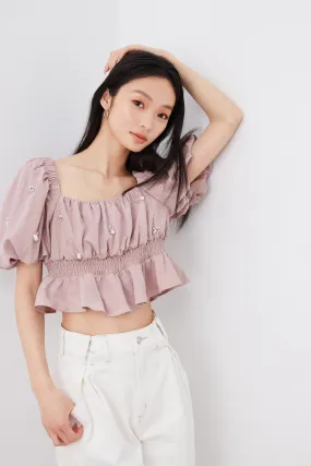 Embellished Puff Sleeve Crop Top