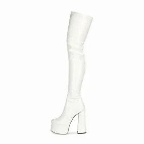 Glossy Patent Leather Over Knee Platform Block Heeled Boots - White