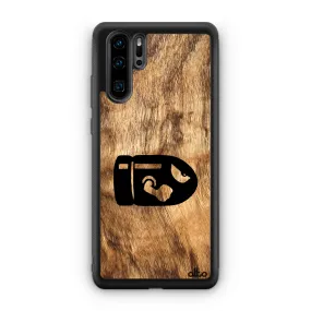 Huawei P40, P30 Pro, P30 Lite Wooden Case - Bullet Bill Design | Olive Wood | Lightweight, Hand Crafted, Carved Phone Case