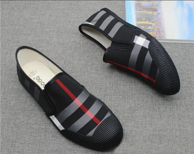 Men Canvas Leather Loafers Shoes Black Red Stripe