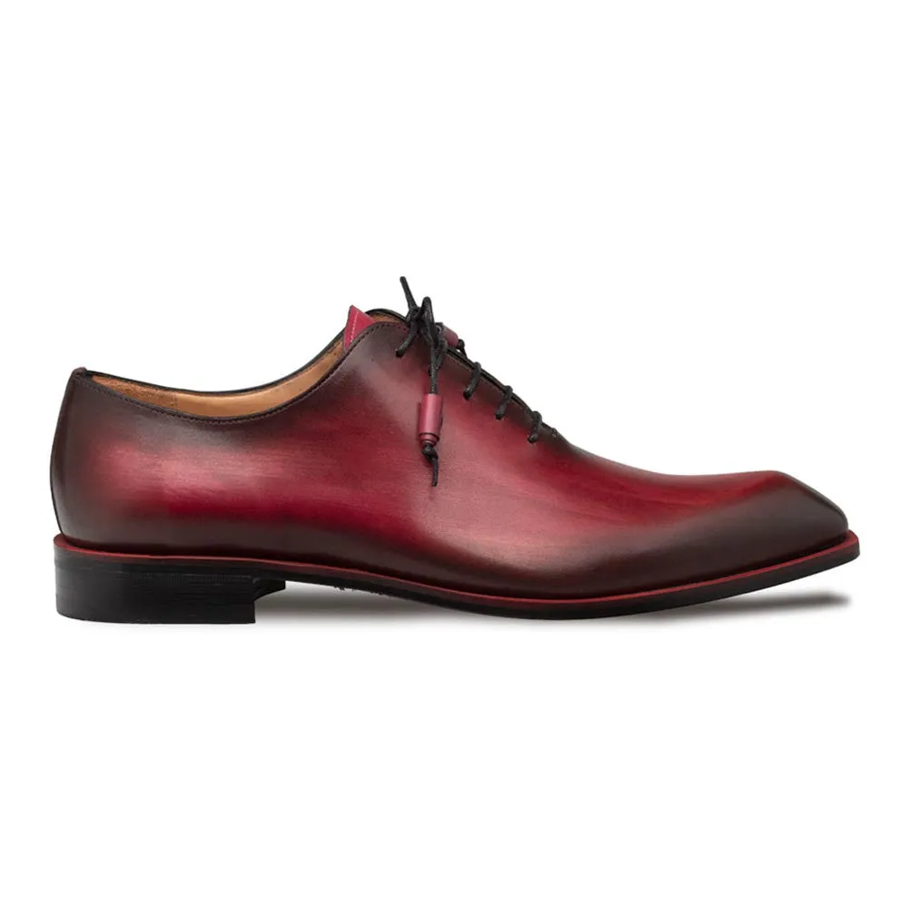 Mezlan Dietro Burgundy Whole Cut Angular Patina-Finish Calfskin Oxford Shoes