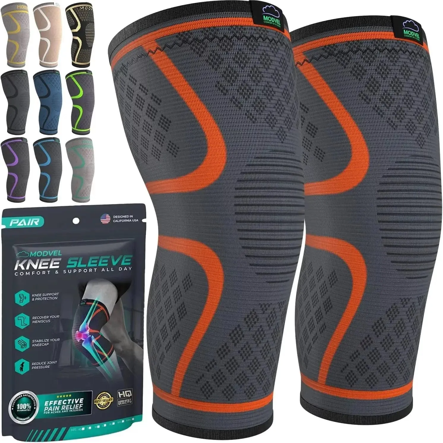 Modvel Knee Brace - Knee Sleeves (Pair) for Knee Pain Relief, Joint Stability and Recovery