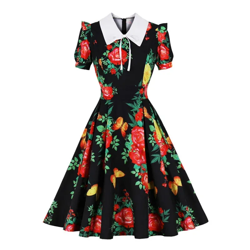 Turn-Down Collar Short Sleeve Retro Floral Dress, High Waist Pleated Vintage Green Dress