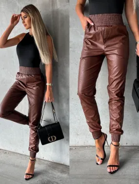 VEGAN LEATHER JOGGERS - COFFEE